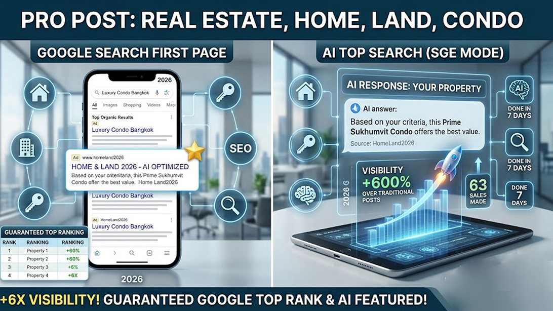 โฆษณา ประกาศ โฆษณาขายอสังหา โพสต์บ้านที่ดิน ติดกูเกิลและAI ไม่มีค่านายหน้า รับประกาศขายบ้าน
